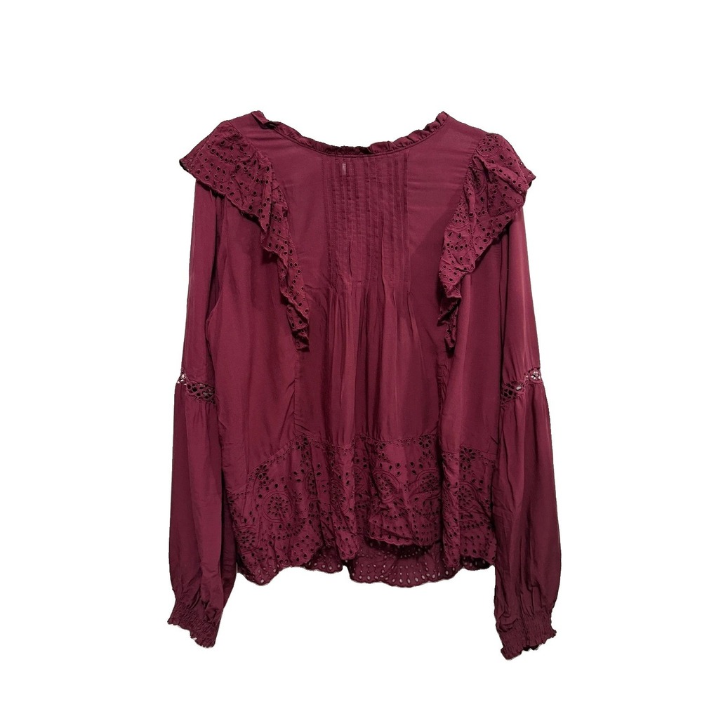 Knox Rose Burgundy Embroidered Eyelet Lace Ruffle Peasant Blouse Top XL Boho